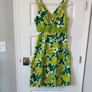 Boden Green and Yellow Floral Sleeveless V-Neck Midi Dress